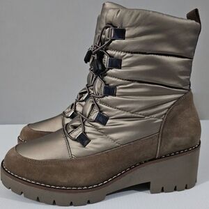 NEW Blondo Daylor Ankle Boot Sz 10 Taupe Nylon Suede Waterproof Lug Sole Puffy